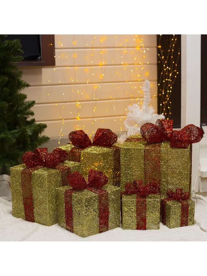 Светодиодная фигура «Подарки с красной лентой» 15, 20, 25, 30, 35, 40 см, текстиль, металл, 220 В, 8 режимов, свечение тёплое белое