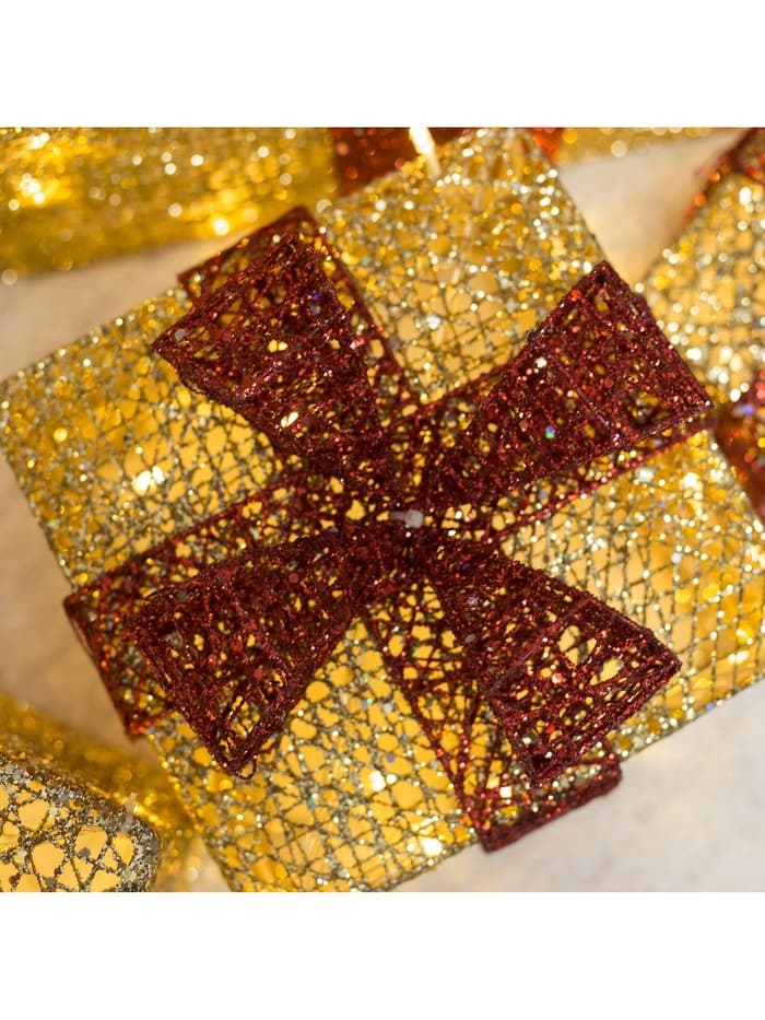 Светодиодная фигура «Подарки с красной лентой» 15, 20, 25, 30, 35, 40 см, текстиль, металл, 220 В, 8 режимов, свечение тёплое белое