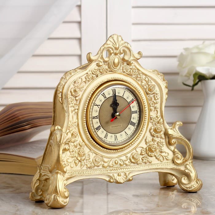 Часы настольные интерьерные каминные, 21×19×6.5 см, d=7 см, белые с позолотой