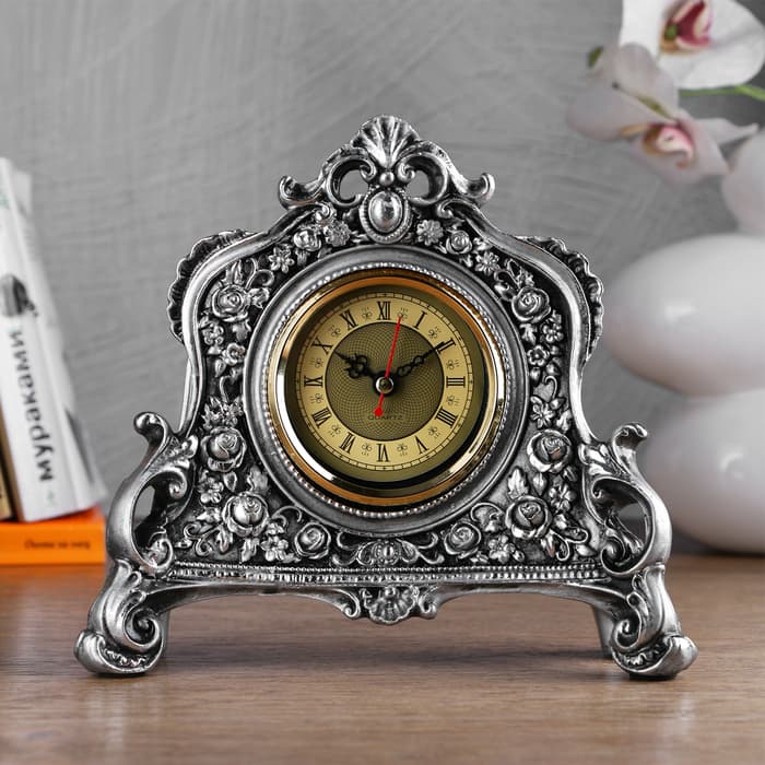 Часы настольные интерьерные каминные, 21×19×6.5 см, d=7 см, серебряные