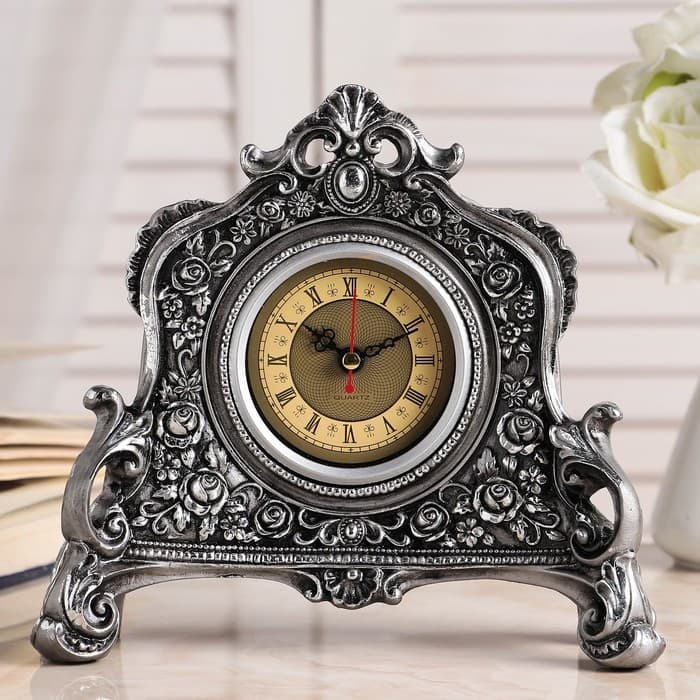 Часы настольные интерьерные каминные, 21×19×6.5 см, d=7 см, серебряные