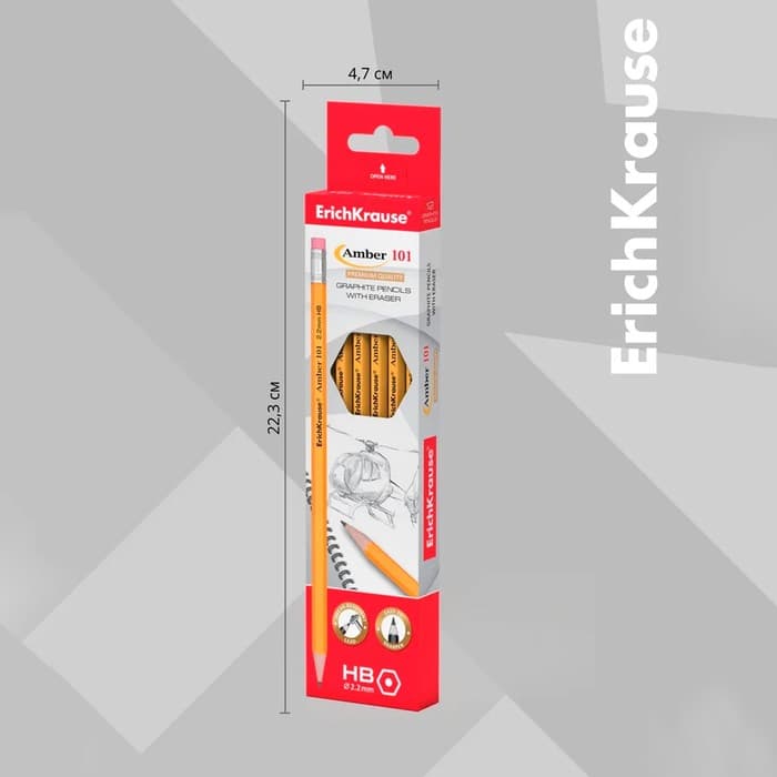 Карандаш чернографитный ErichKrause. Amber 101, НВ, с ластиком, шестигранный, деревянный, жёлтый корпус