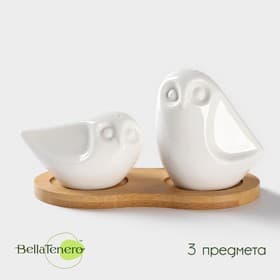 Набор для специй BellaTenero «Совы», солонка 100 мл, перечница 130 мл, на бамбуковой подставке, фарфор, белый