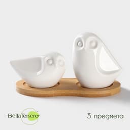 Набор для специй BellaTenero «Совы», солонка 100 мл, перечница 130 мл, на бамбуковой подставке, фарфор, белый