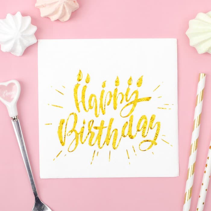 Салфетки бумажные Happy birthday, 25×25 см, 20 шт., тиснение золото, на белом фоне