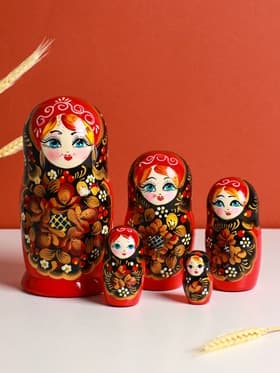 Матрёшка дерево «Рябинка», чёрный платок, 5 кукольная, 18 см