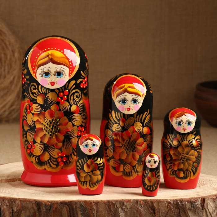 Матрёшка дерево «Рябинка», чёрный платок, 5 кукольная, 18 см