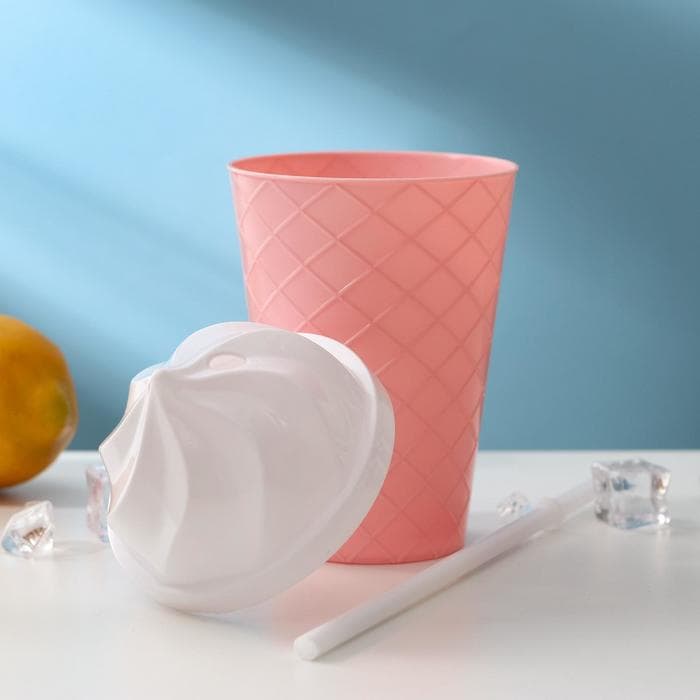 Стакан «Пломбир», 500 мл, с крышкой и трубочкой, розовый, белый