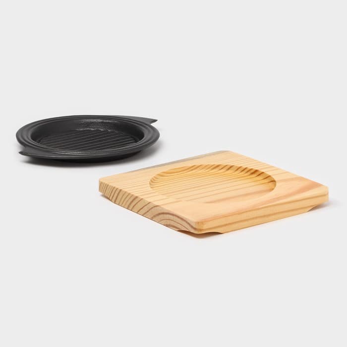 Сковорода «Круг. Восток Гриль», d=15 см, на деревянной подставке, чугун, чёрная