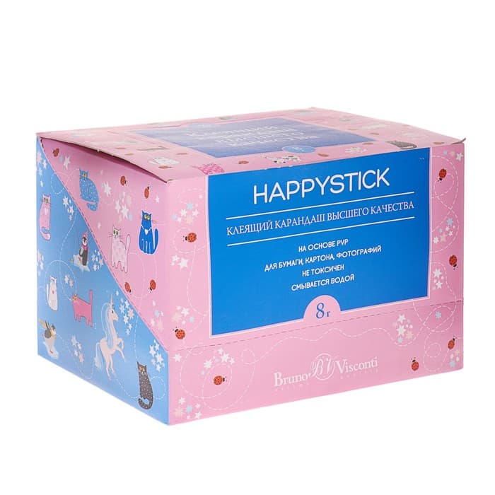 Клeй-карандаш 8 г HappyStick, на PVP основе, МИКС