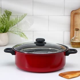 Кастрюля «Ренард», 4 л, d=26 см, с крышкой, сетка фри 26×9 см, антипригарное покрытие, углеродистая сталь, красная