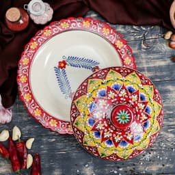 Блинница узбекская Риштанская Керамика «Цветы», d=32 см, красная