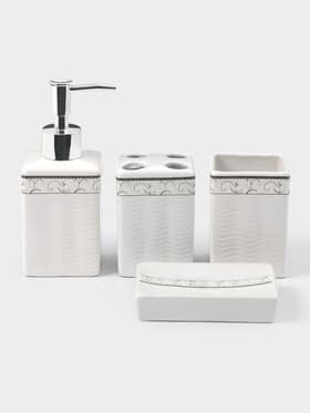 Набор аксессуаров для ванной комнаты «Завитки», 4 предмета, мыльница, дозатор для мыла, 2 стакана, белый
