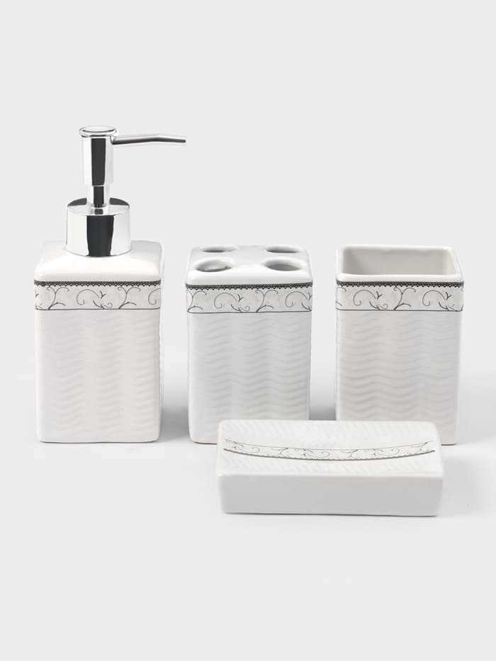 Набор аксессуаров для ванной комнаты «Завитки», 4 предмета, мыльница, дозатор для мыла, 2 стакана, белый