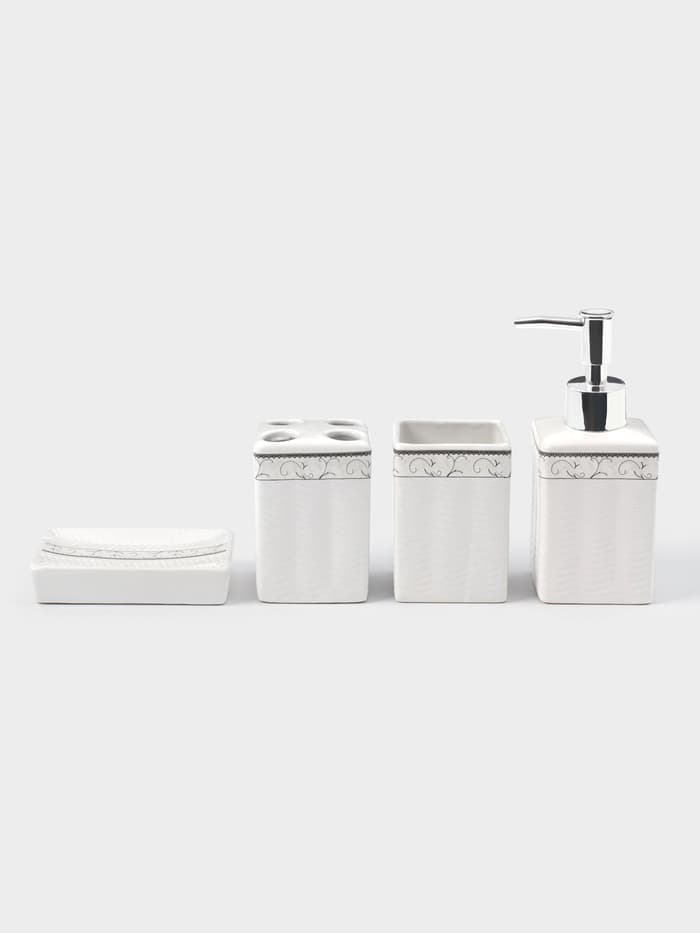 Набор аксессуаров для ванной комнаты «Завитки», 4 предмета, мыльница, дозатор для мыла, 2 стакана, белый