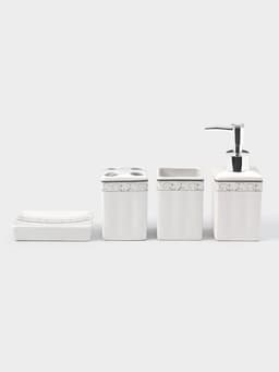 Набор аксессуаров для ванной комнаты «Завитки», 4 предмета, мыльница, дозатор для мыла, 2 стакана, белый