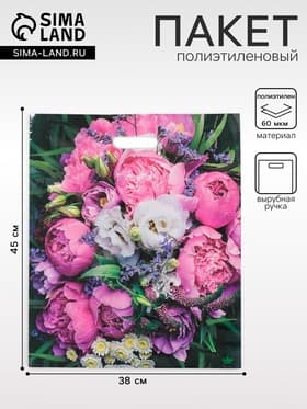 Пакет «Пионы», полиэтиленовый с вырубной ручкой, 38×45 см, 60 мкм