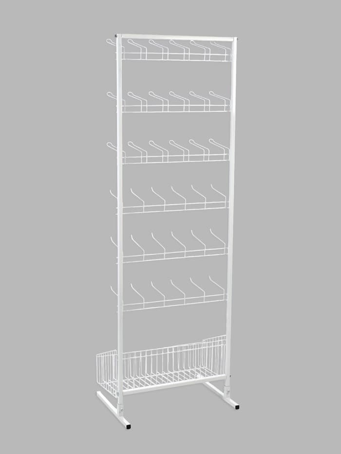 Стойка прикассовая, с 6-штыревой гребенкой и крючками, 64×50×185 см, белая