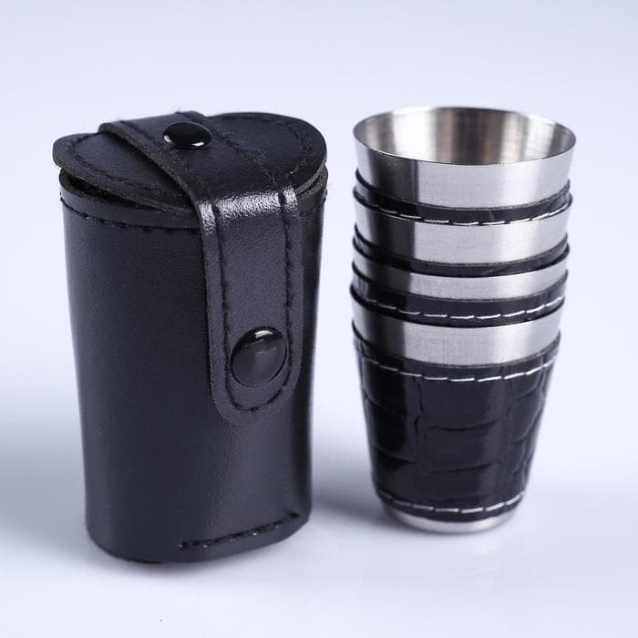 Набор стопок, 30 мл, 4 шт., 4×3.5 см, нержавеющая сталь, экокожа, чёрный