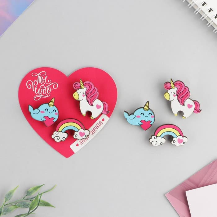 Значок деревянный «Ты чудо» парный набор, 3 шт., 9,5 х 8,7 см