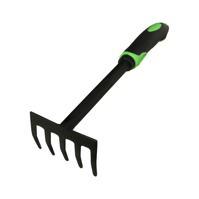 Грабли малые, прямые, 5 зубцов, длина 28.5 см, металл, эргономичная прорезиненная ручка, Greengo