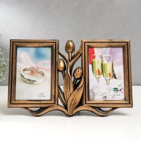 Фоторамка - коллаж на 2 фото 10×15 см «Тюльпаны», пластик, т. золото, 20×31 см
