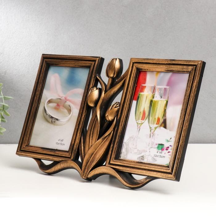 Фоторамка - коллаж на 2 фото 10×15 см «Тюльпаны», пластик, т. золото, 20×31 см