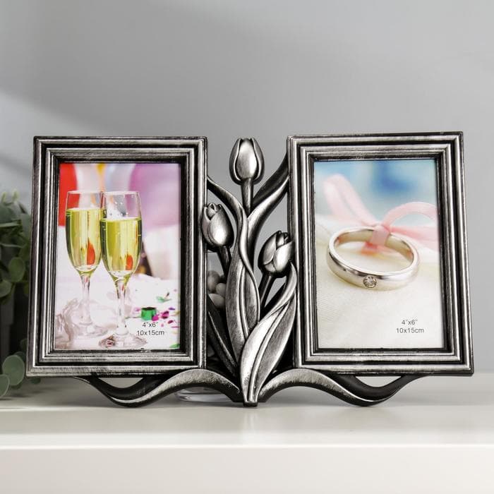 Фоторамка - коллаж на 2 фото 10×15 см «Тюльпаны», т. серебро, 20×31 см