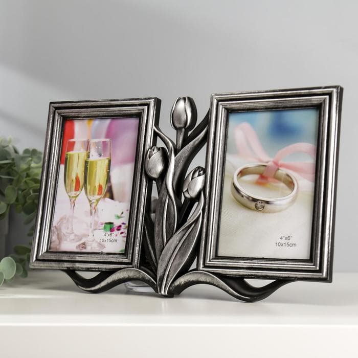 Фоторамка - коллаж на 2 фото 10×15 см «Тюльпаны», т. серебро, 20×31 см