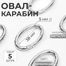 Овал-карабин, 4.8×2.9 см / 38×5 мм, 5 шт., цвет серебряный
