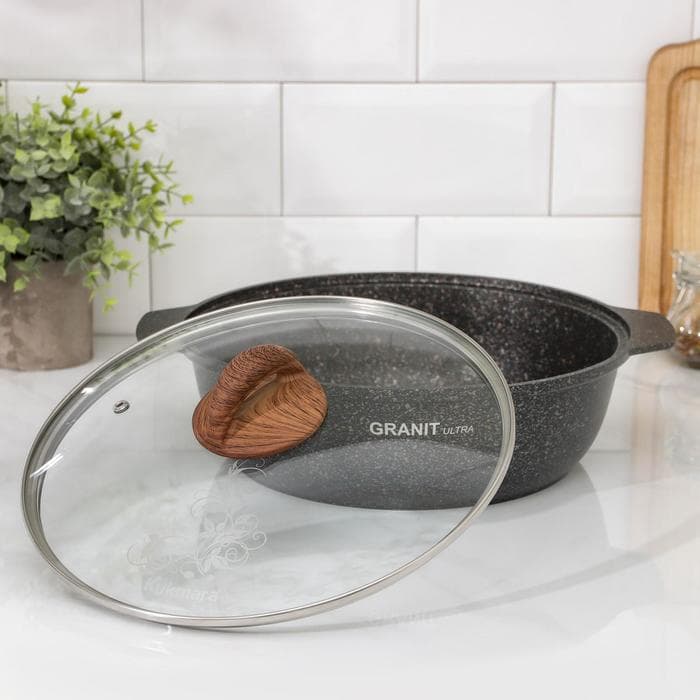 Кастрюля-жаровня KUKMARA Granit ultra original, 3 л, d=27 см, стеклянная крышка, антипригарное покрытие, серый