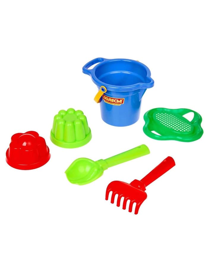 Набор игрушек для песочницы, 6 предметов: ведро, ситечко, совок, грабельки, формочки, МИКС