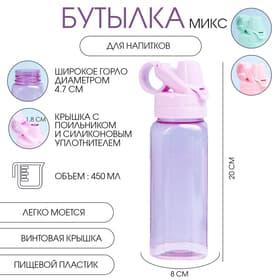 Бутылка для воды, 450 мл, 20×8 см, спортивная, прозрачная, МИКС