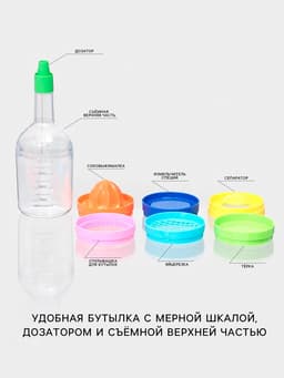 Набор кухонных принадлежностей Kitchen, бутылка-мерный стакан 380 мл, 7 насадок, 29×8.5 см, разноцветный