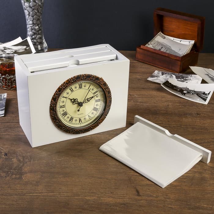 Фотоархив на 72 фото 10×15 см с часами и фоторамкой 10×15 см «Раритет», дерево, белый, 15×10.5×20 см