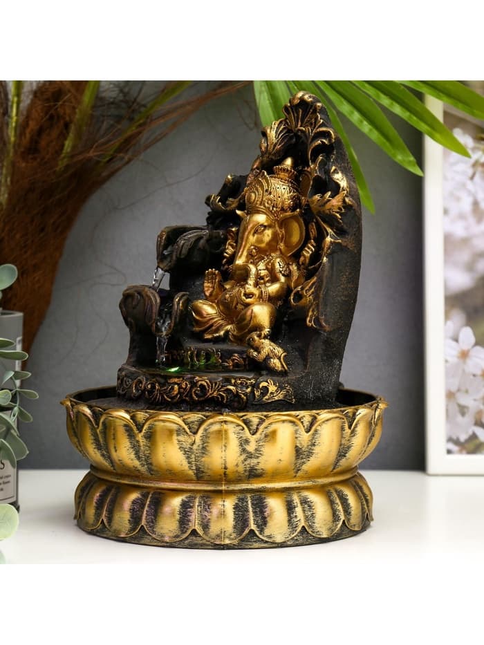 Фонтан настольный с подсветкой «Золотой Ганеша на ажурном троне», от сети, 28×20.5×20.5 см