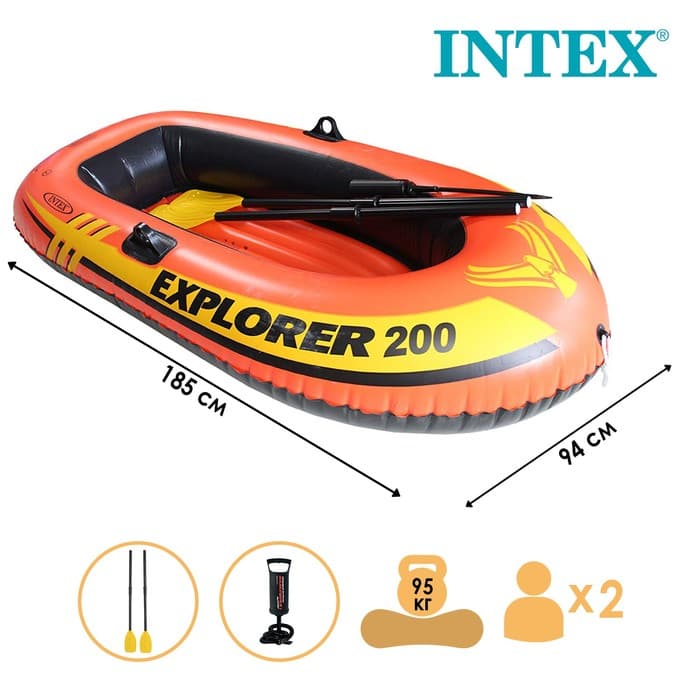 Лодка Explorer 200, 2 местная, 185×94×41 см, от 6 лет, до 95 кг, вёсла, насос, 58331NP INTEX