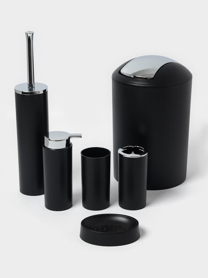 Аксессуары для ванной SAVANNA «Сильва», 6 предметов, дозатор, мыльница, 2 стакана, ёршик, ведро, чёрные