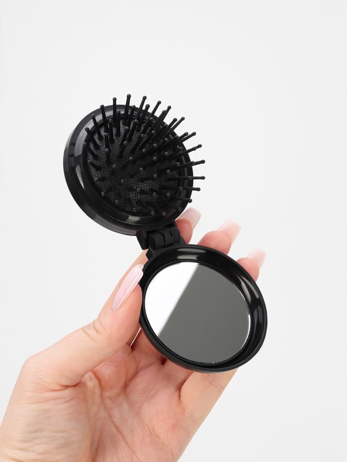Расчёска массажная BLACK, складная, с зеркалом, d=6.5 см, МИКС