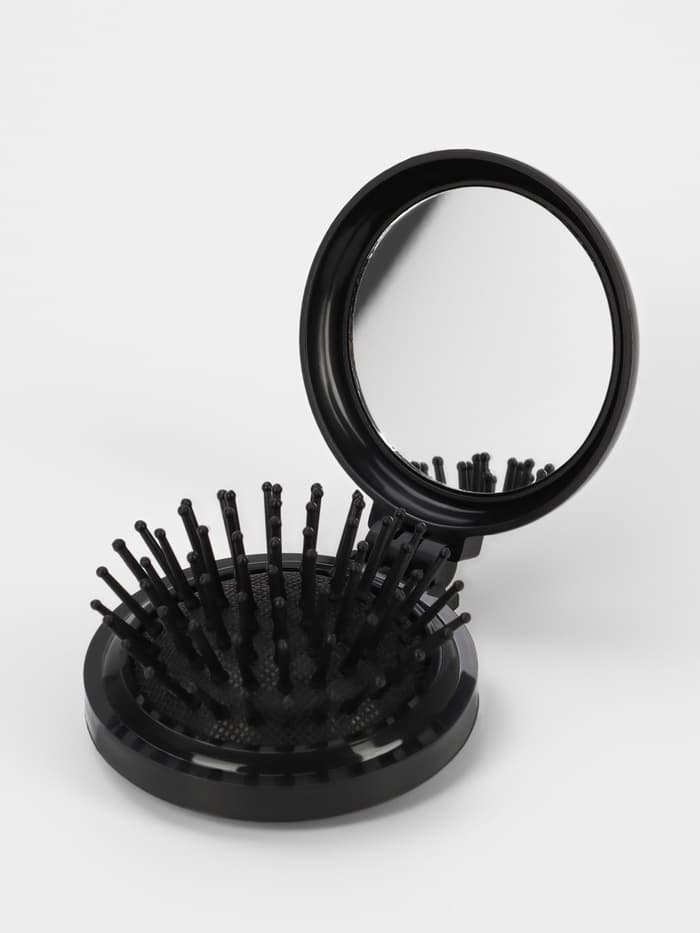 Расчёска массажная BLACK, складная, с зеркалом, d=6.5 см, МИКС