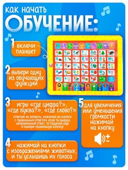 Планшет обучающий ZABIAKA «Первые знания», изучаем алфавит, слова, цифры, сложение, вычитание