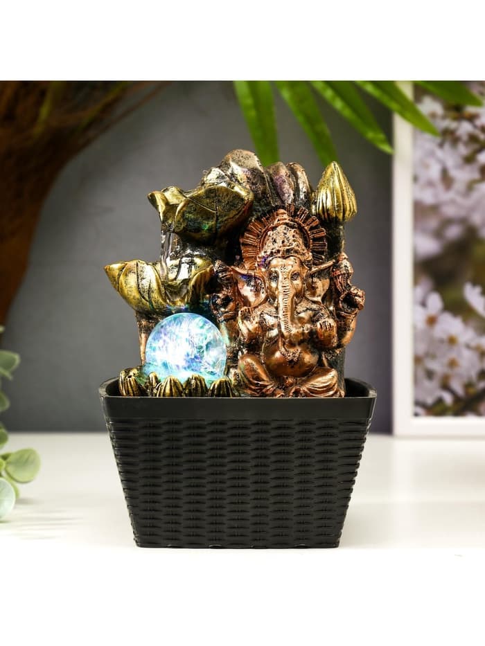 Фонтан настольный с подсветкой «Бронзовый Ганеша и лотосы», от сети, 22×13×13 см