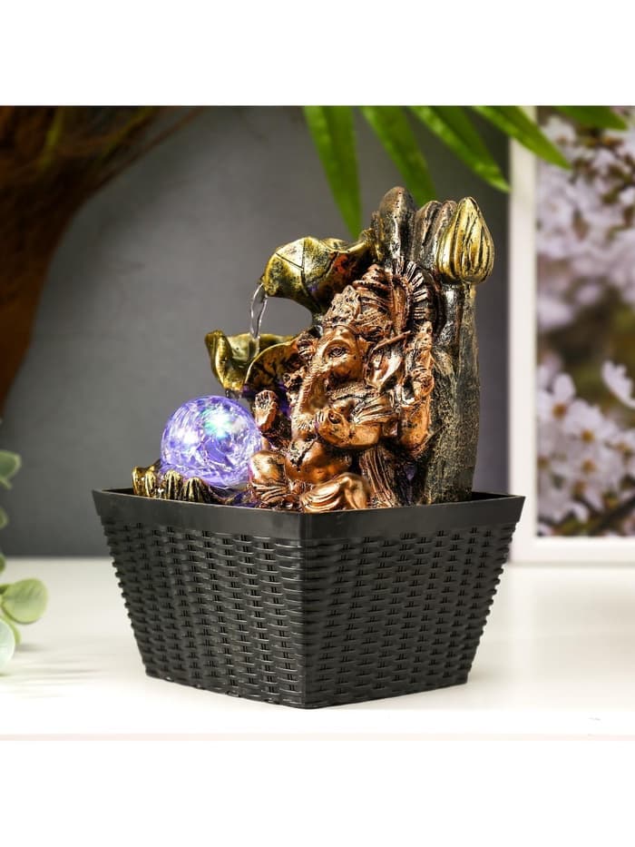 Фонтан настольный с подсветкой «Бронзовый Ганеша и лотосы», от сети, 22×13×13 см