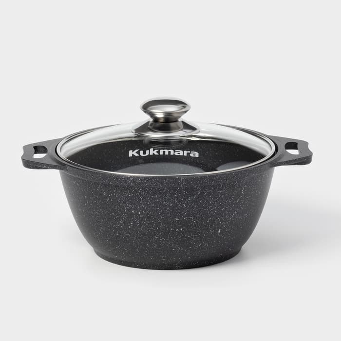 Кастрюля KUKMARA «Мраморная», 2 л, d=22 см, h=15.5 см, стеклянная крышка, антипригарное покрытие, литой алюминий, серый