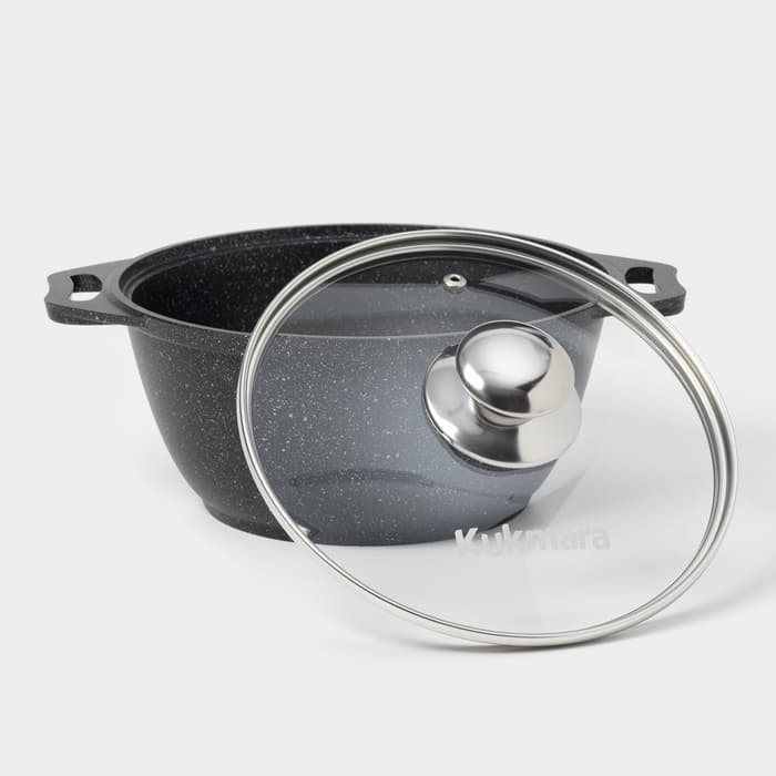Кастрюля KUKMARA «Мраморная», 2 л, d=22 см, h=15.5 см, стеклянная крышка, антипригарное покрытие, литой алюминий, серый