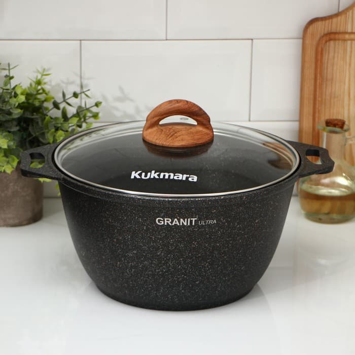 Кастрюля KUKMARA Granit ultra, 4 л, d=26 см, со стеклянной крышкой, антипригарное покрытие, литой алюминий, чёрная