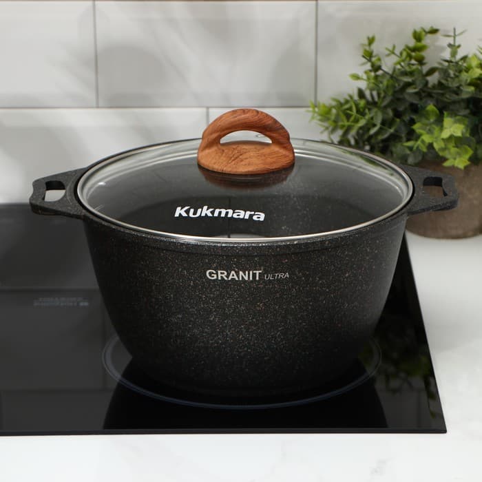 Кастрюля KUKMARA Granit ultra, 4 л, d=26 см, со стеклянной крышкой, антипригарное покрытие, литой алюминий, чёрная