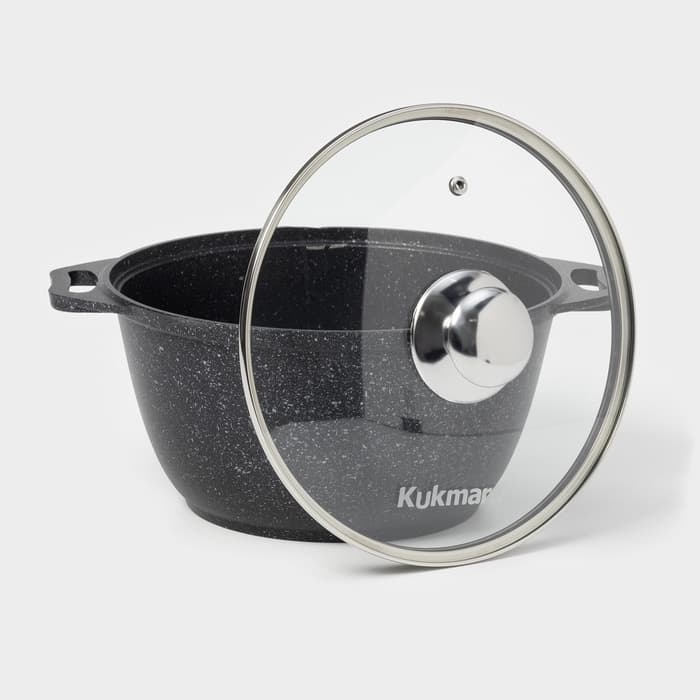 Кастрюля KUKMARA «Мраморная», 3 л, d=24 см, h=17 см, стеклянная крышка, антипригарное покрытие, литой алюминий, серый