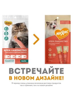 Крем-лакомство для кошек Мнямс, с тунцом Кацуо и морским гребешком, 15 г × 4 шт.