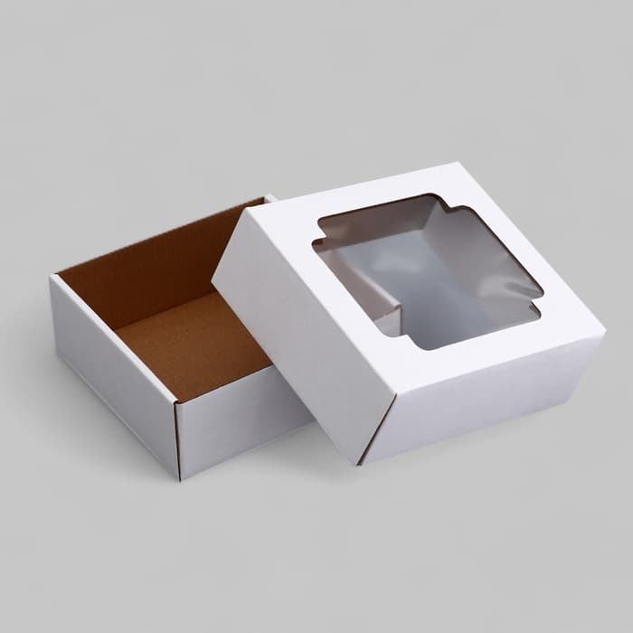 Коробка сборная без печати крышка-дно белая с окном 14.5×14.5×6 см